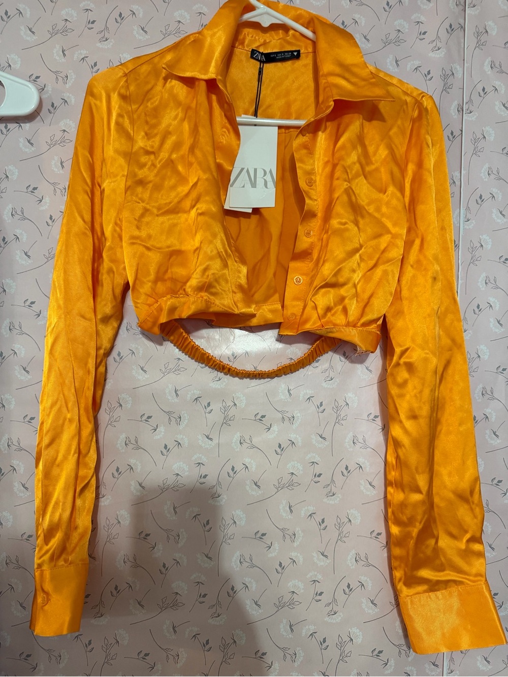 ZARA Bright Orange Satin Cropped Button-Down Shirt